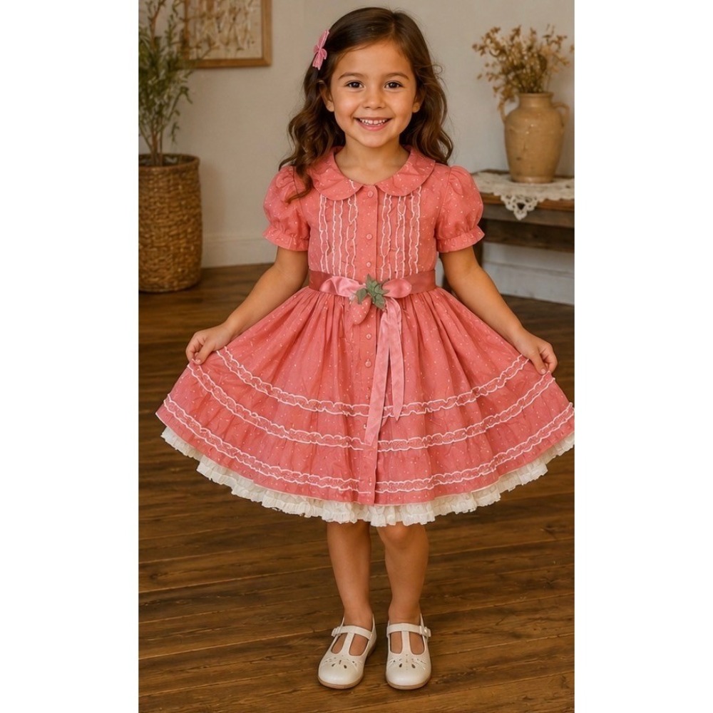 Meli Meli Girls Party Dress 5 Pink Polka Dot Ruffle Knee Length pageant flaw